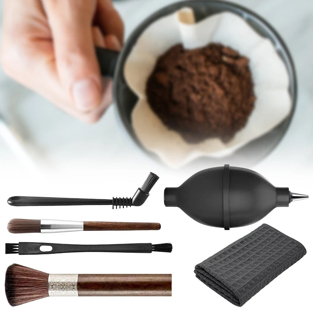 Set of 6 brushes with air blower for cleaning espresso machines