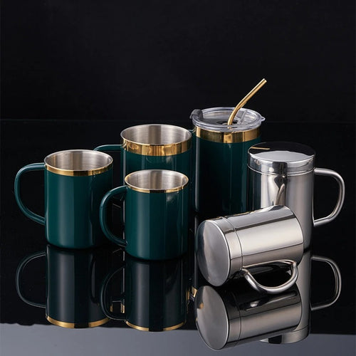 Double Wall Coffee Cup with Lid 304 Stainless Steel Double Bottom Mug Beer Mug Tea Cups Drinking Glasses Thermal Mug Water Mug