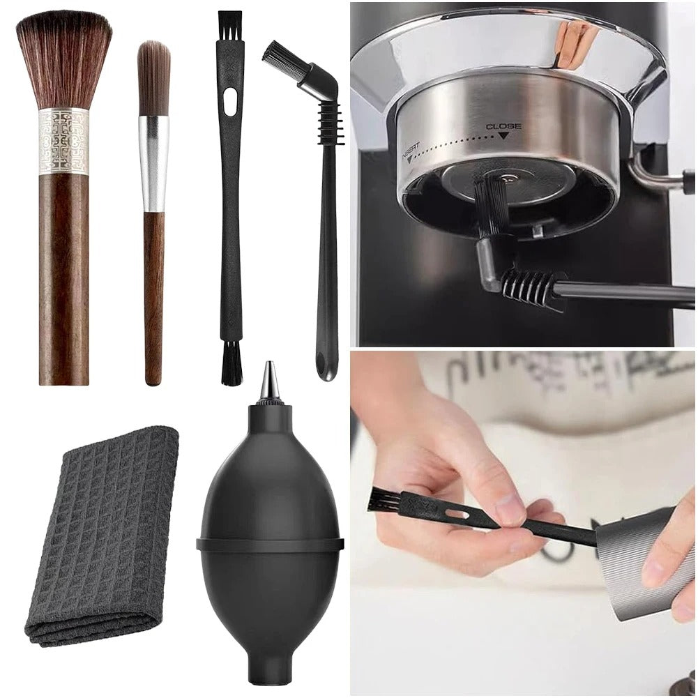 Set of 6 brushes with air blower for cleaning espresso machines