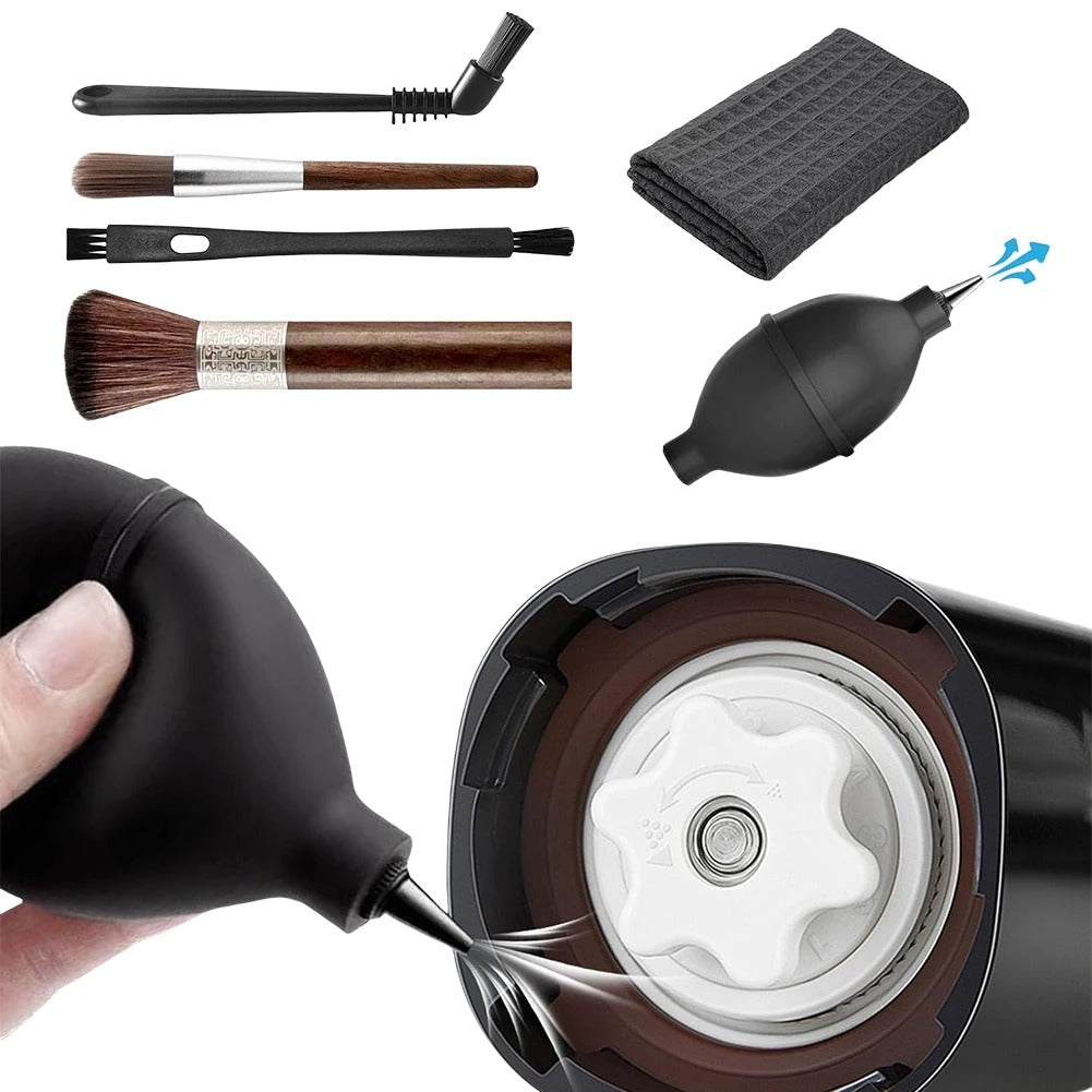 Set of 6 brushes with air blower for cleaning espresso machines