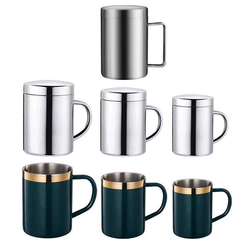 Double Wall Coffee Cup with Lid 304 Stainless Steel Double Bottom Mug Beer Mug Tea Cups Drinking Glasses Thermal Mug Water Mug